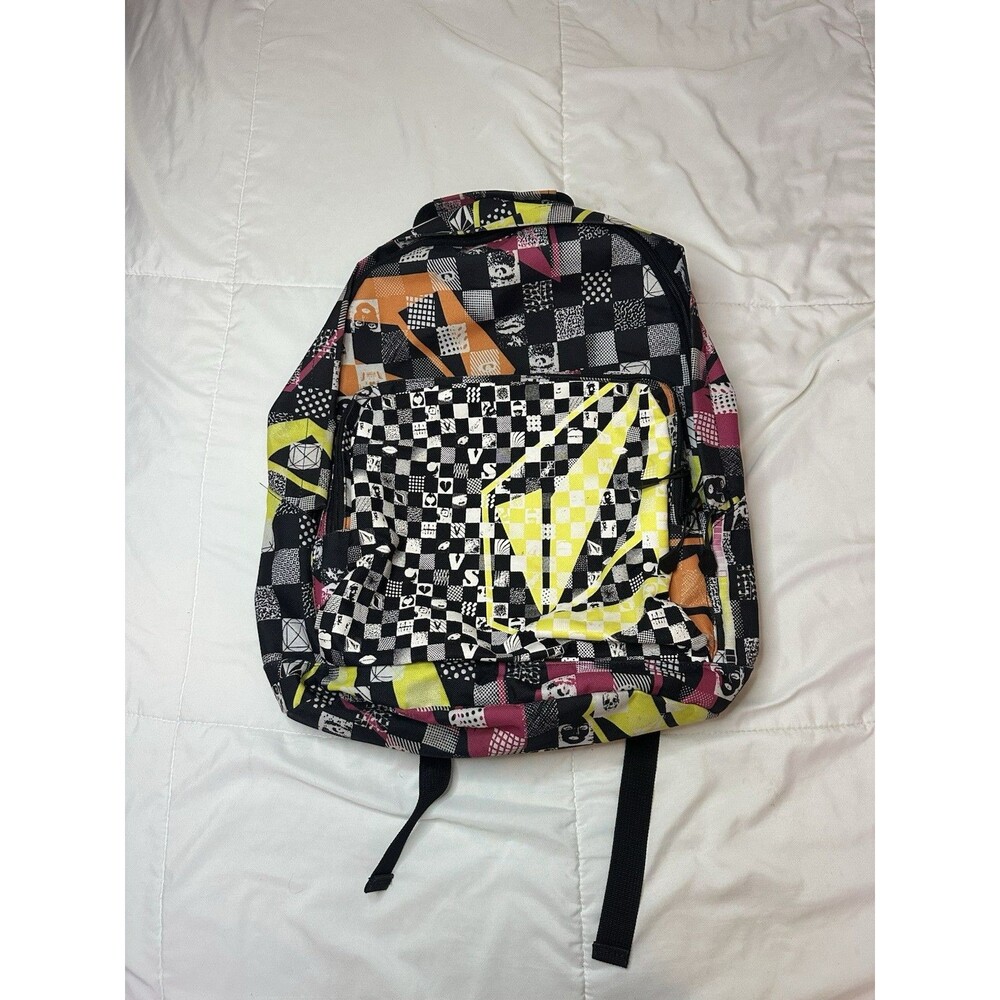 VTG 00s Volcom Backpack Y2K Checker Scene AOP Large Pink Black White Skull Logo